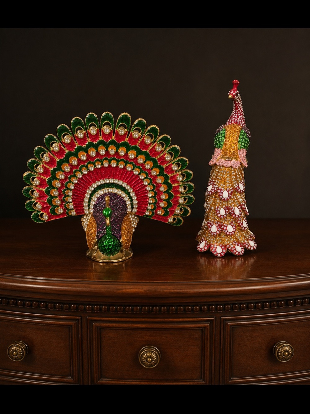 Bejeweled Peacock Holiday Figurine Set - Green & Red